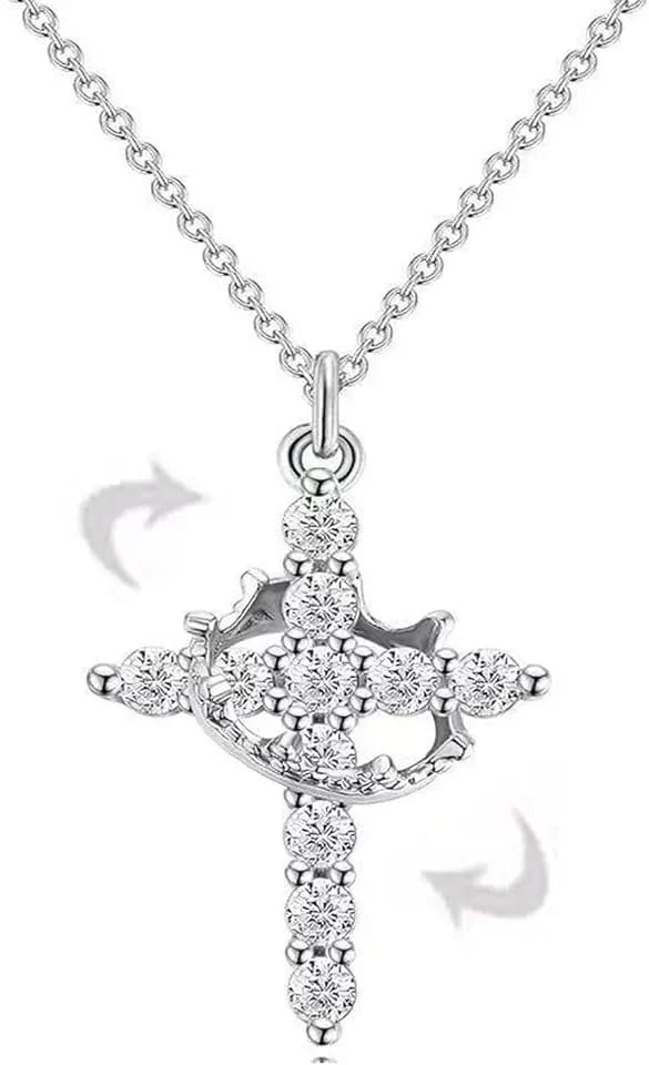 Rotatable Crown Cross Rhinestone Necklace for Women, Exquisite Cross Pendant Choker Cross Faith Pendant Necklaces, Religious Gift for Easter Baptism Birthday Mother's Day (Silver)