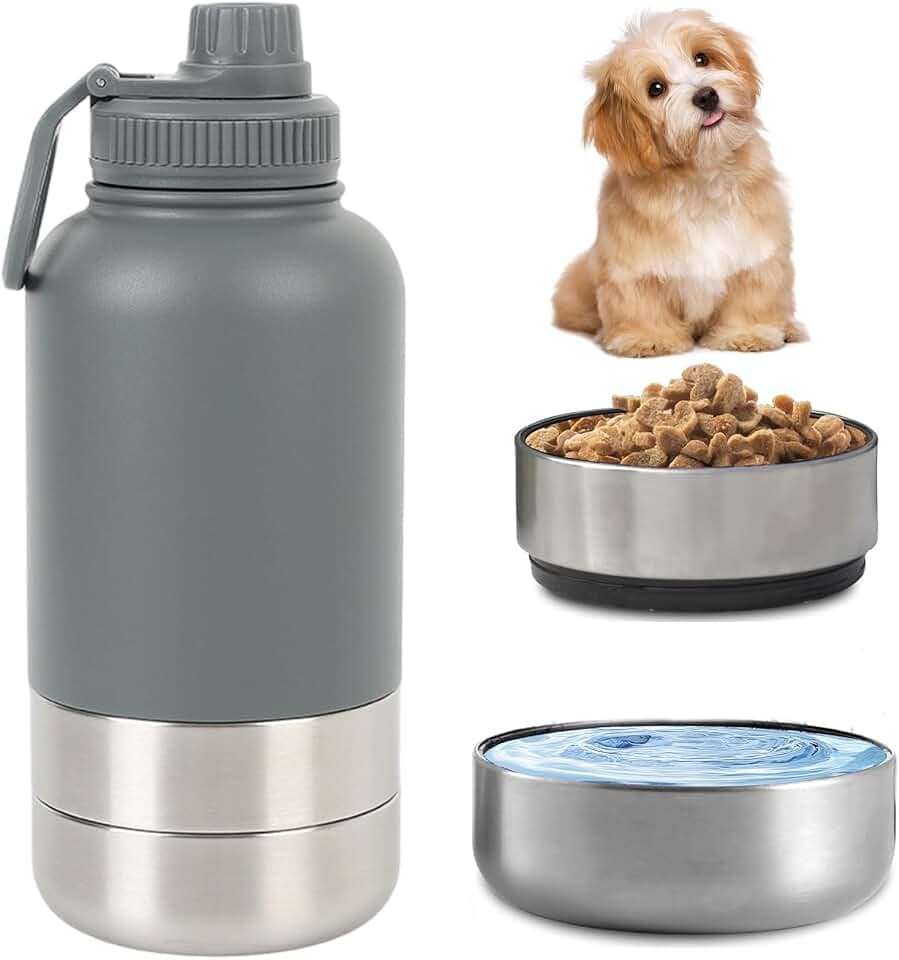 Trinkflasche Hunde für Unterwegs 950ml – Isolierte Edelstahl Hundetrinkflasche Wasserflasche mit Futternapf & Wassernapf, Tragbare Hundeflasche BPA-frei für Reise Spaziergang & Outdoor (Grau, L)
