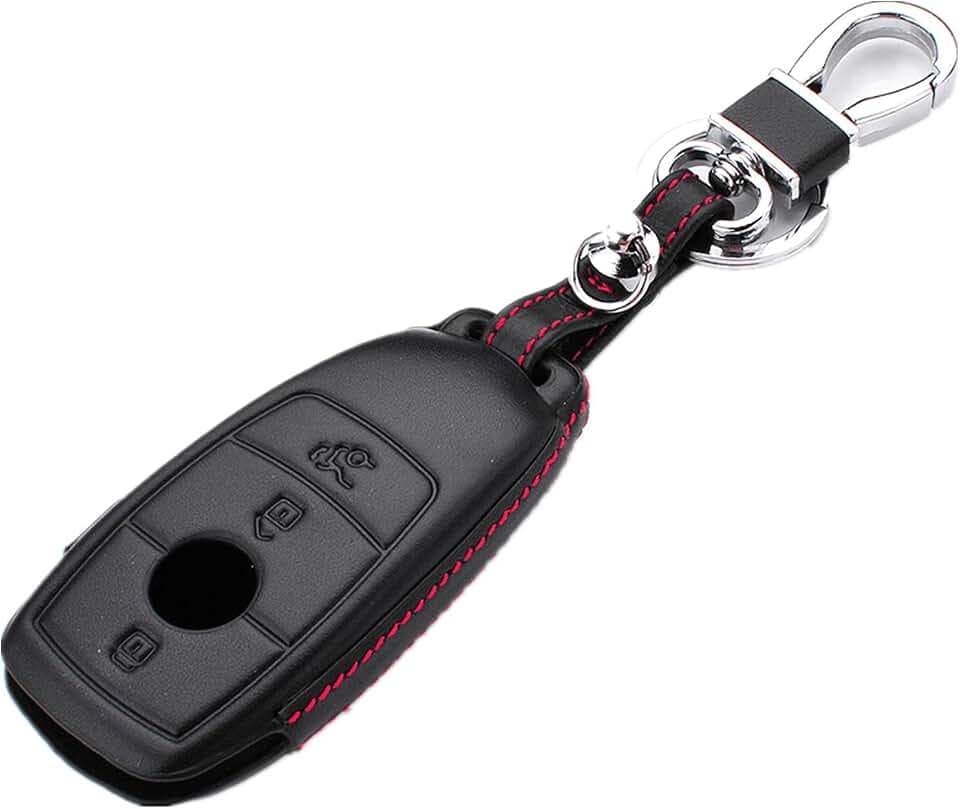 M. JVisun Schlüsselanhänger aus Leder (für Damen und Herren, 100% echtes Leder, Schlüsselanhänger, für Mercedes-Benz E-Klasse Schlüssel-Fernbedienung, mit Schlüsselanhänger, Metall, Schwarz