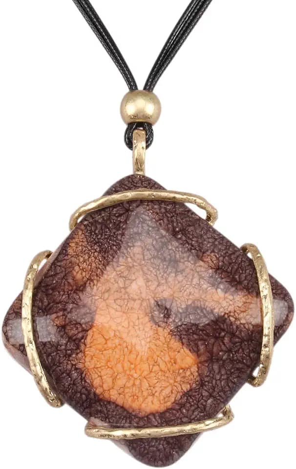 GelConnie Leather Necklace for Women Large Pendant Long Brown Necklace Circle Leather Choker Vintage Sweater Necklace Gold Chunky Boho Necklaces for Women