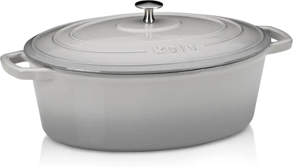 kela Bräter Gusseisen oval 6 Liter, Dutch Oven CALIDO, Induktion Gussbräter mit Deckel, Gusseisen Topf Brot backen, emailliert, hellgrau