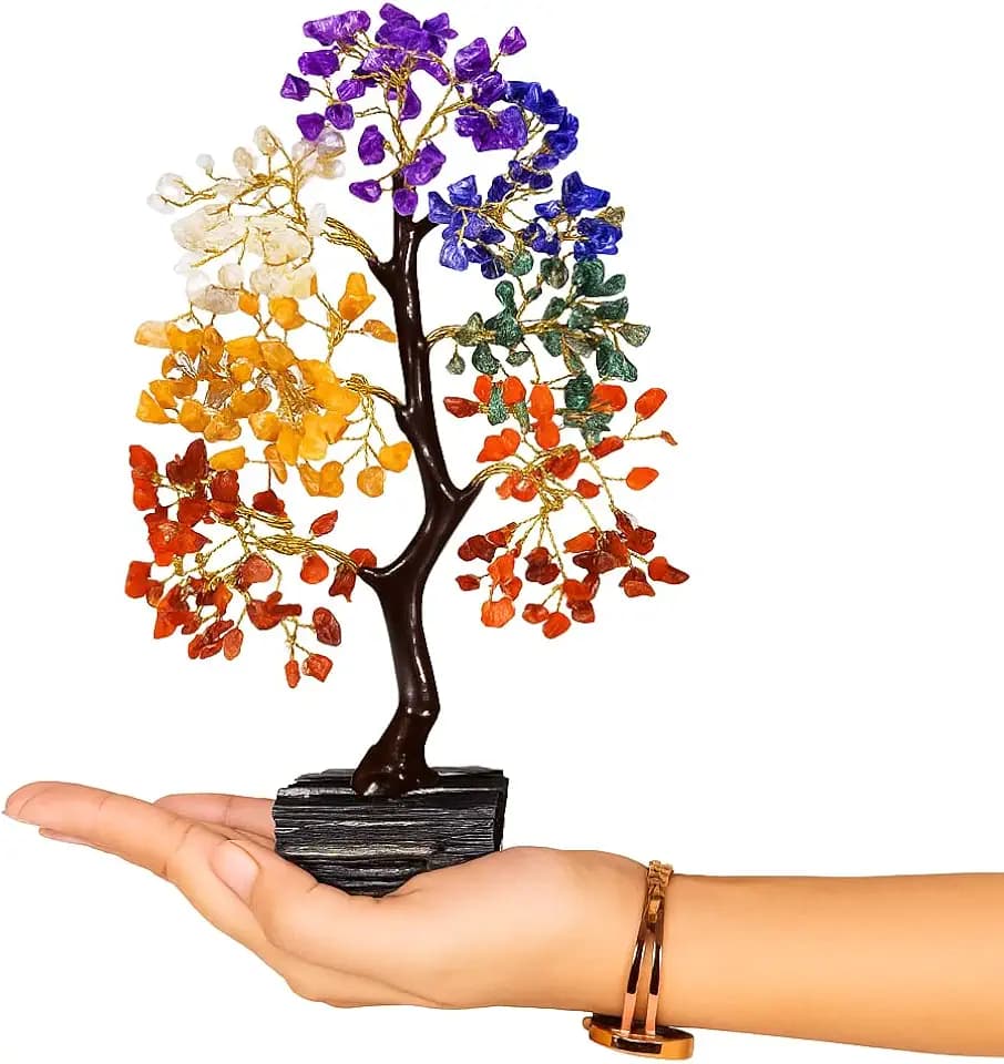 CREATIVE LEATHER ART 7 Chakra Crystal Tree with Raw Black Tourmaline Base - Gemstone Bonsai Money Tree for Good Luck & Protection