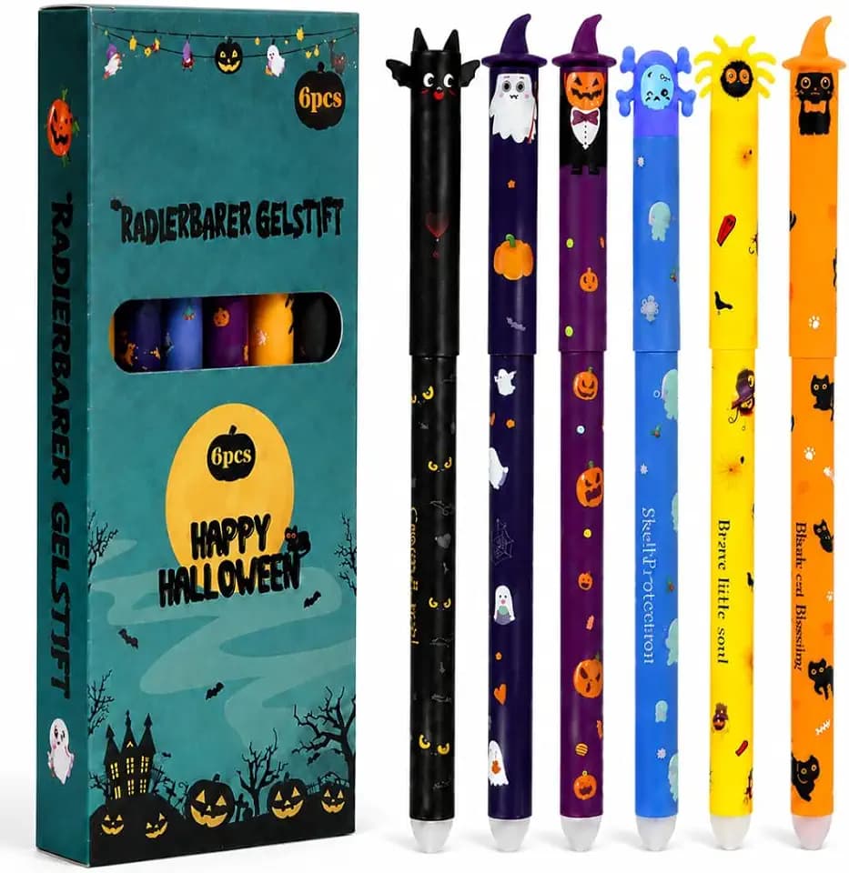 Radierbare Gelstifte 6erSet 0,7 mm, niedliche HalloweenMotivKappen