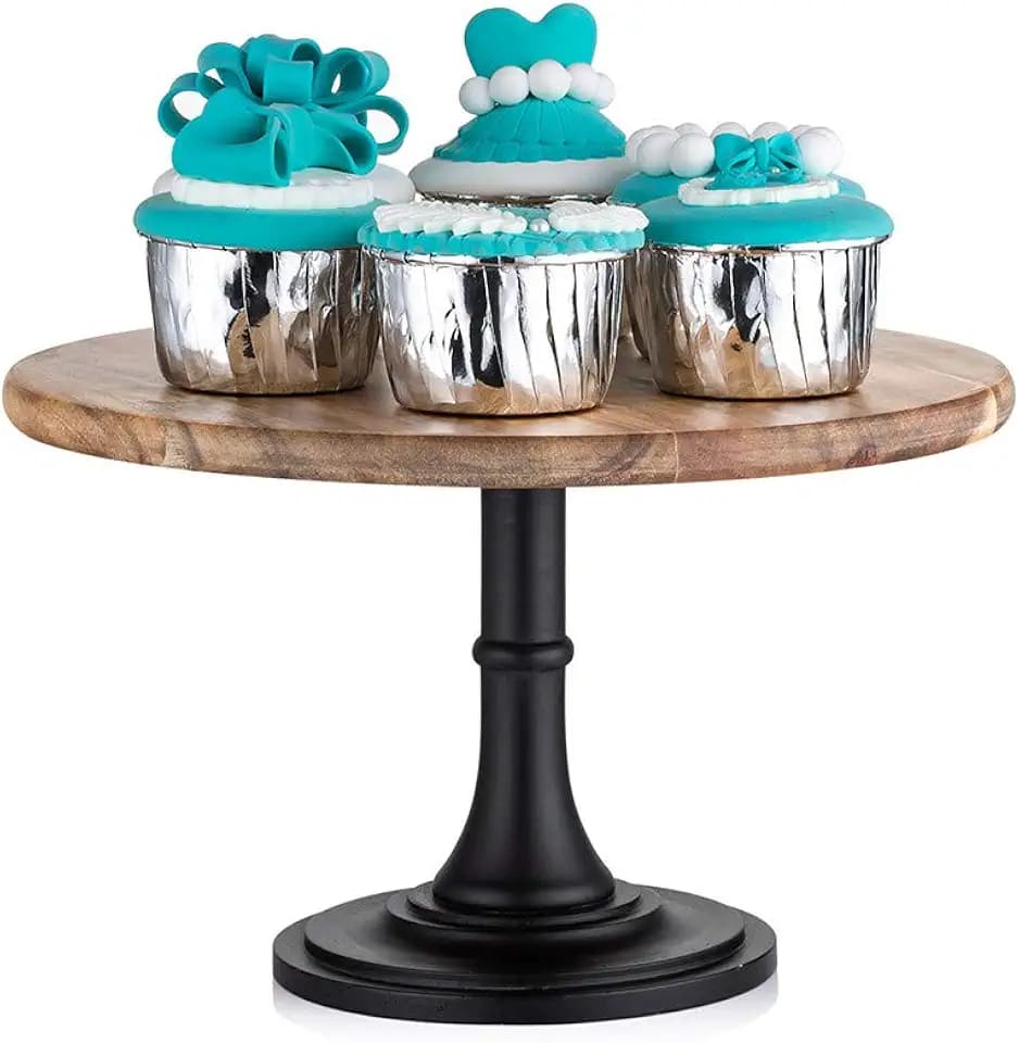 NUPTIO Rustikaler Tortenständer Hochzeit: 25cm Durchmesser Holz Tortenständer Schwarz, Dessertteller Sockel Holz für Geburtstag Babyparty Party Cupcake Nachmittagstee Kuchen Desserttisch