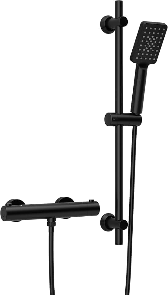 Görbach Duschsystem mit Thermostat, Edelstahl Duschset mit Armatur, Schwarz