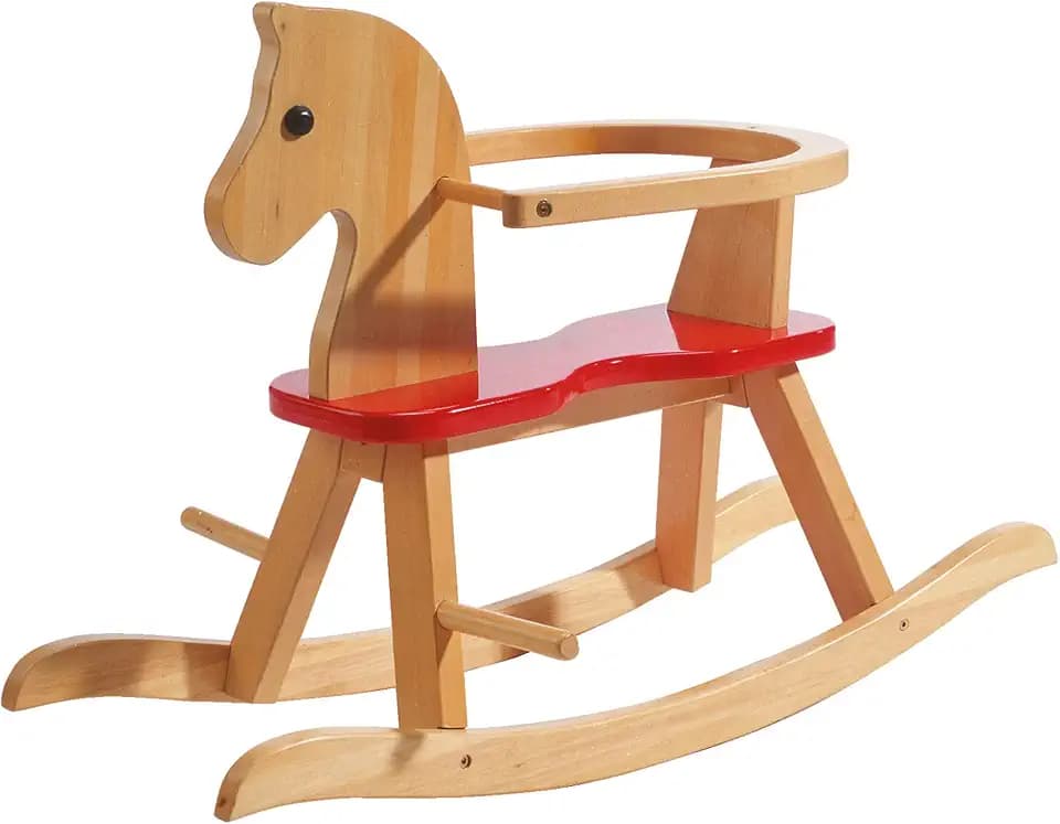 roba Schaukelpferd, Schaukeltier Massivholz natur rot, Schaukelstuhl mitwachsend für Babys und Kleinkinder durch abnehmbaren Schutzring, (1er Pack)
