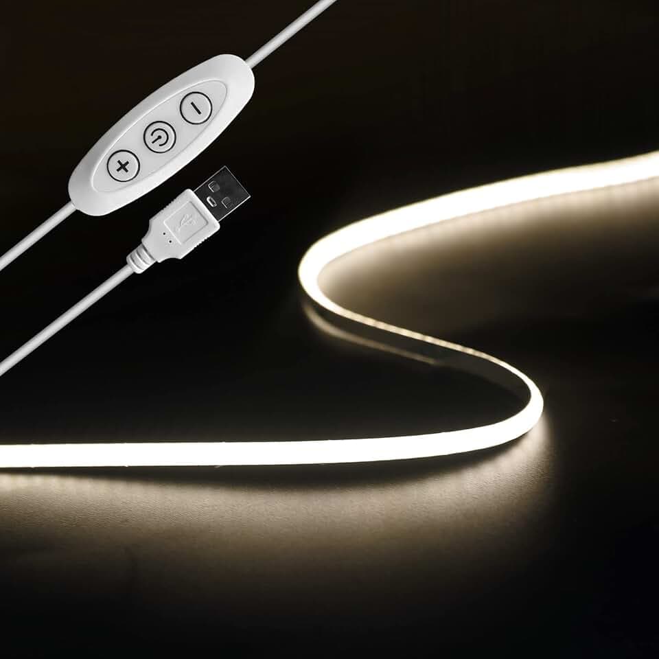 2m USB 5V LED Streifen 4000K, 960LEDs Dimmbar COB LED Strip Lights CRI90+ 4mm LED TV Hintergrundbeleuchtung, Flexibel Unterbodenleuchte für Küche,Schlafzimmer,Zuhause DIY Beleuchtung