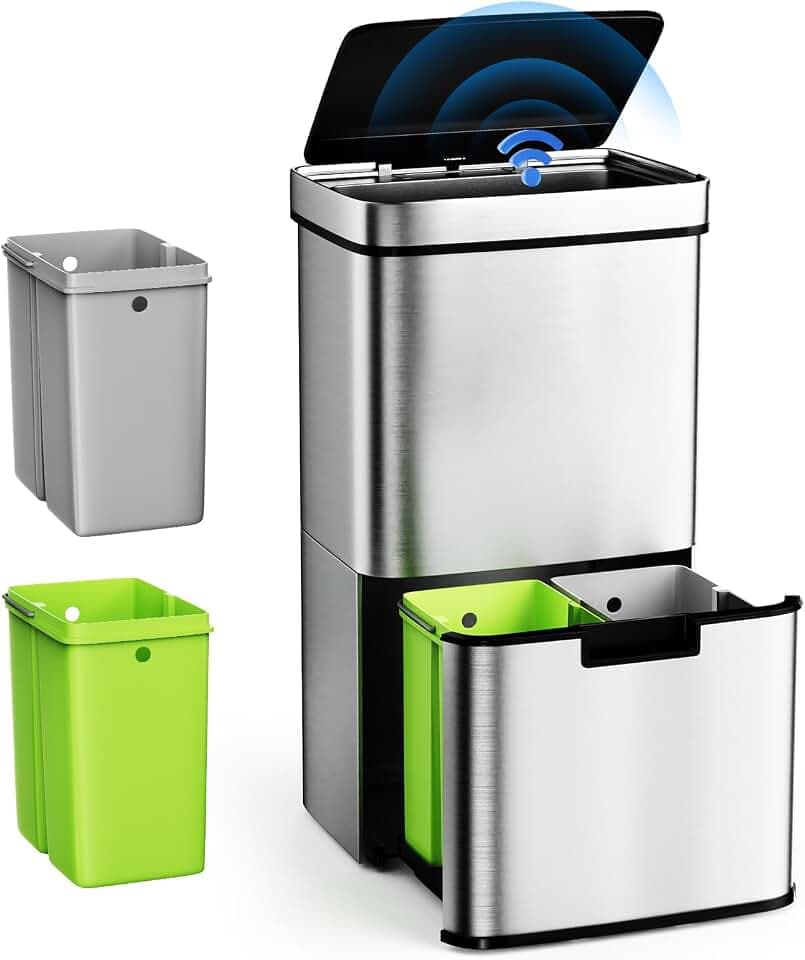 Gardtech Mülleimer Küche mit Sensor 62 Liter, Automatisch Edelstahl Abfalleimer mit 3 fächer Mülltrennsystem & Softclose Deckel, Geruchsdicht & Hygienisch, Volumen von 2 x 12.5L und 37L für Familie