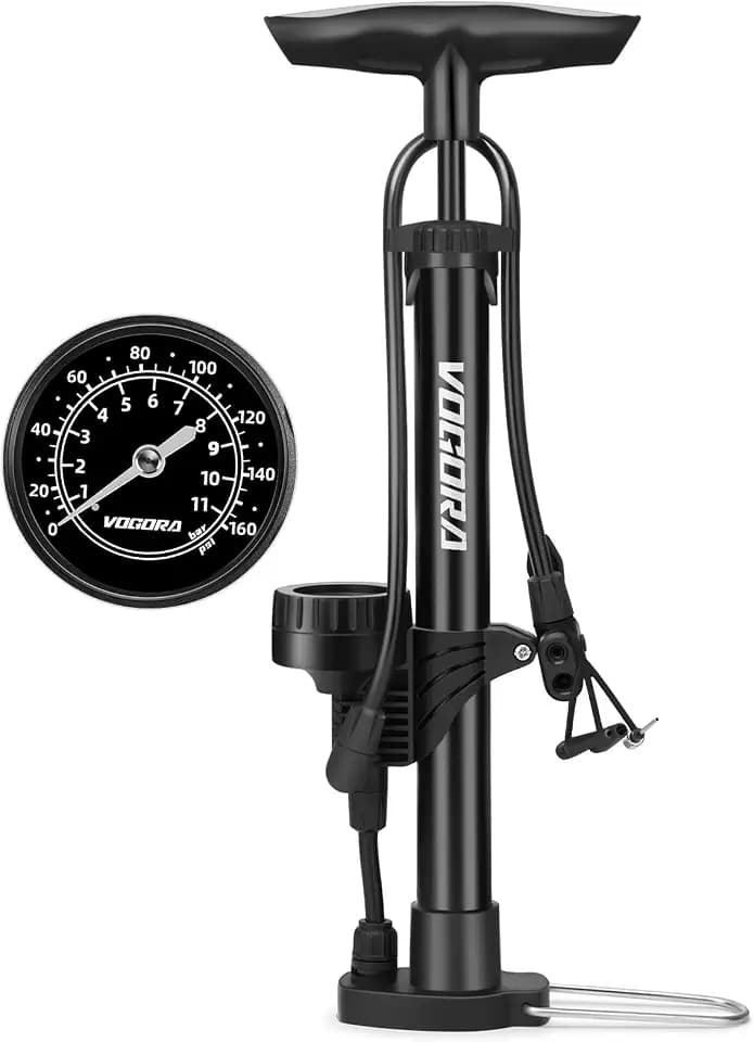 VOGORA Fahrradpumpe alle Ventile, Luftpumpe Fahrrad Französische Ventile mit Manometer, Fahrrad zubehör Pumpe Luft Standpumpe für Ball