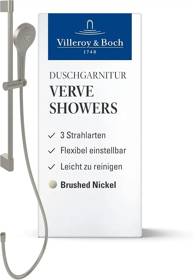 Villeroy & Boch Verve Showers Duschgarnitur – Nickel Matt, gebürstet | Verstellbare Handbrausehalterung, Handbrause mit 3 Strahlarten, pflegeleicht, leicht montierbar, TVS10900700064