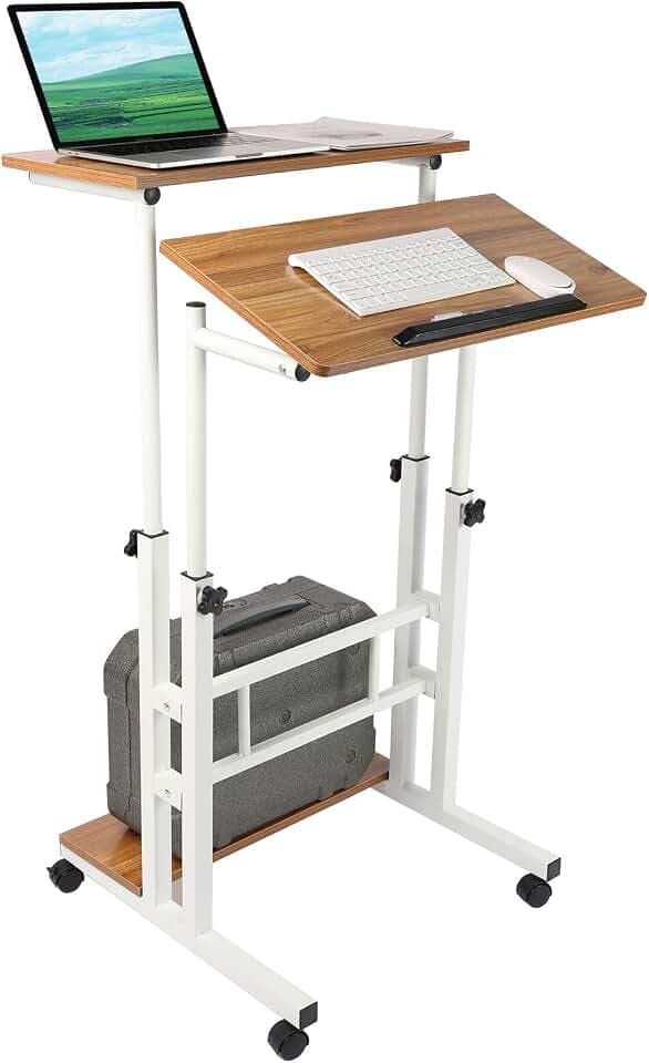 Mobile Standing Desk, Adjustable Computer Desk Rolling Laptop Cart on Wheels for Home Office, Tall Table for Standing or Sitting, Portable Laptop Stand for Small Spaces, Oak