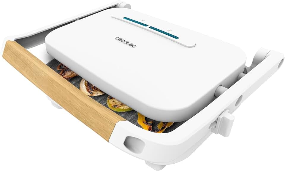 Cecotec Elektrischer Grill Rock'Ngrill 1300 Wood W. Leistung von 1300W, weißes Design, Rockstone-Beschichtung, rutschfeste Basis, schwebende Platte, Leuchtanzeige, Holzgriff, Vielseitigkeit