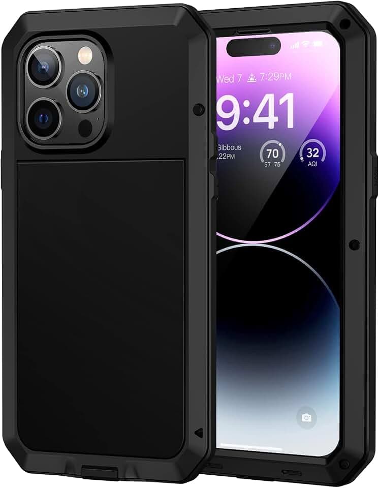 Lanhiem für iPhone 14 Pro Hülle Metall Stoßfest Case, Schwarz | 360 Grad Ganzkörper Outdoor Schutzhülle, Militärstandard Tough Armor, Staubdicht Heavy Duty, mit Eingebautem Displayschutz