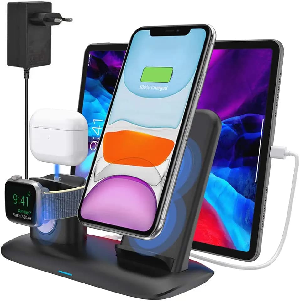 Kabelloses Ladegerät Qi Wireless Charger Induktive Ladestation Stand für iPhone 11/11 Pro Max/X/XS Max/8 Apple Watch 5/4/3/2/1 Airpods Pro/2/1 (Inklusive Adapter)