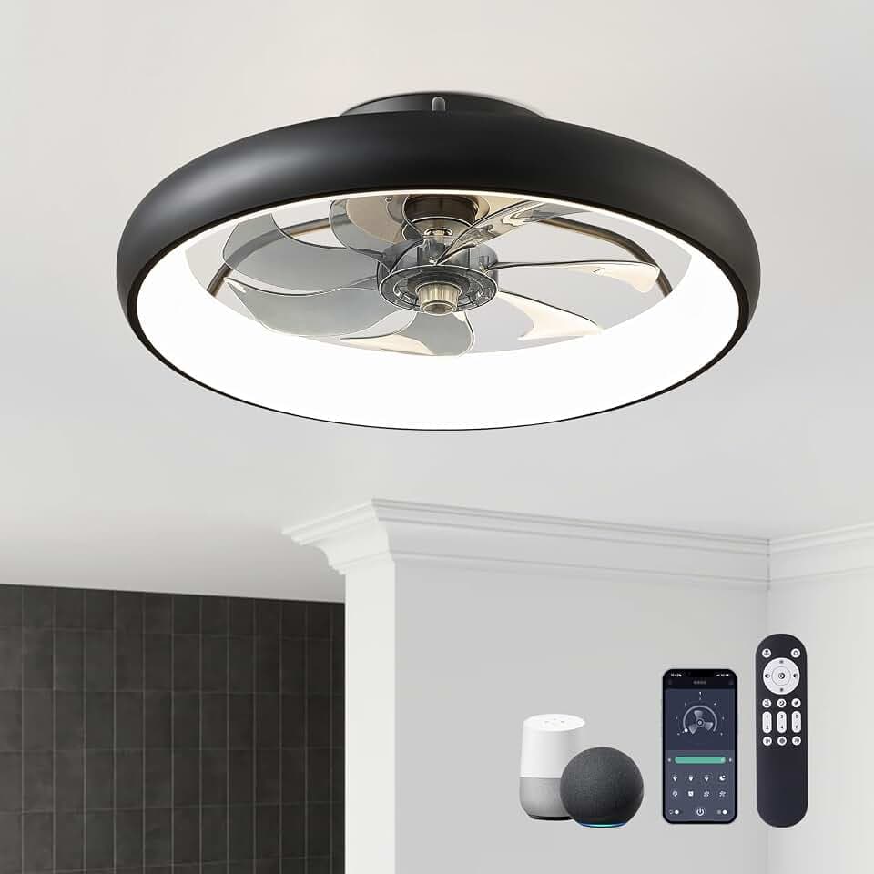 Ceiling Fans with Lights and Remote, 20'' Low Profile Flush Mount, 6 Wind Speeds, Modern Dimmable LED Ceiling Fan, Smart Ceiling Fan for Bedroom, Kids Room (Black)
