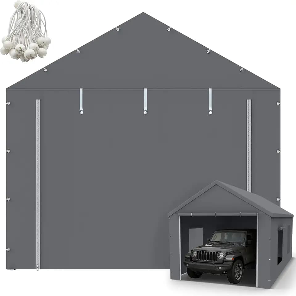 10x20FT Carport Canopy Front/Back Panel Entrance Door Tarp with Zippers, Waterproof & UV Protected Replacement Sidewall Cover with Ball Bungees (Grey, Door Panel Only, 1 Pack)