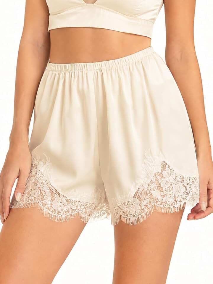 nnOuOnn Women’s Satin Lace Trim Shorts Silky Low Rise Boxer Sleepwear Mini Lounge Pajama Bottoms Lace Satin Shorts