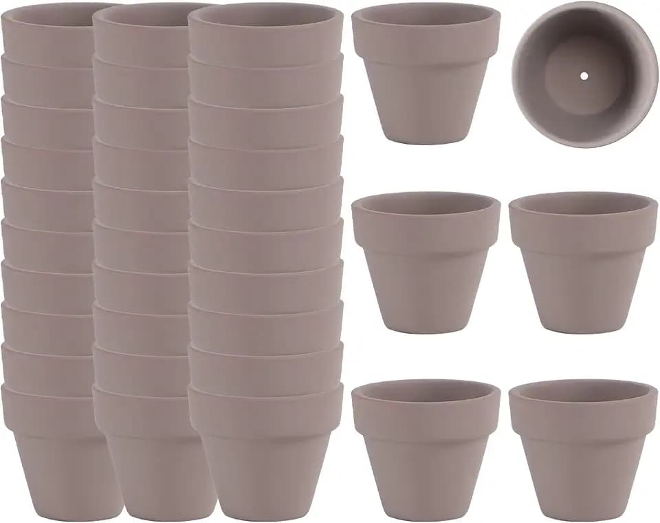 36 Mini Grey Flower Pots - 2 inch Clay, Cactus & Succulent Nursery Pots with Drainage Holes, Indoor/Outdoor Suitable