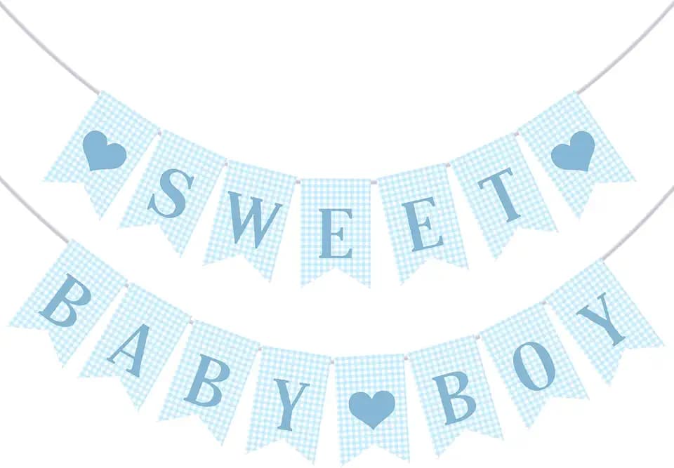 Mindsoft 2 Pcs Pre Strung Blue Gingham Sweet Baby Boy Banner Blue Baby Shower Banner Decorations for Its a Boy Gender Reveal Party Decor Supplies Table Wall Mantel Photo Props