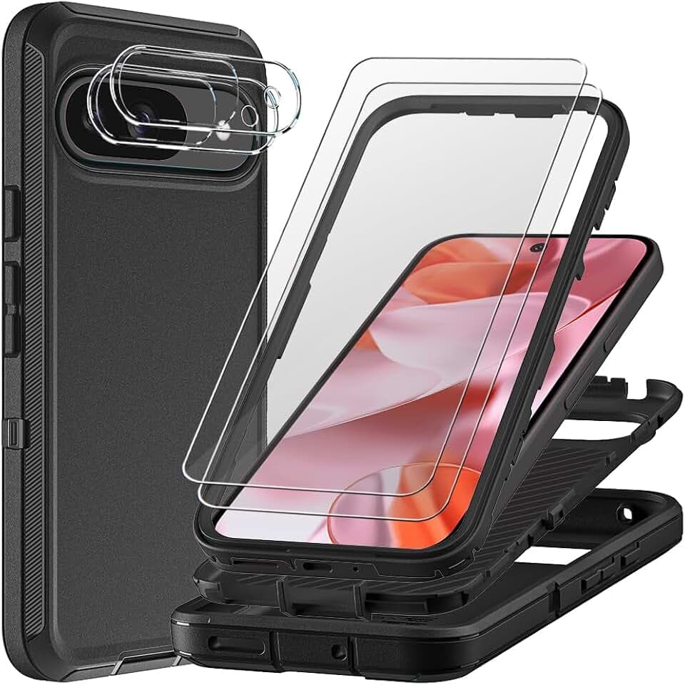 for Google Pixel 10 Case with 2Pcs Tempered Glass Screen Protector and Camera Lens Protector, Military Grade 3 in 1 Heavy Duty Shockproof/Drop Proof/Dust Proof Case (Black/Black)