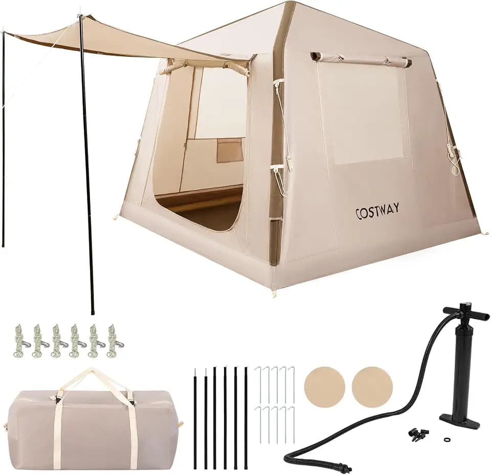 FANTASK Aufblasbares Zelt, 210 x 210 x 180 cm, Outdoor Campingzelt mit Moskitonetzfenstern, Wurfzelt mit Pumpe & Tragetasche, Familienzelt mit Erdankern & Spannleinen für 2-4 Personen