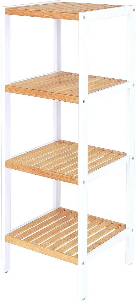 dibea Badezimmerregal mit 4 Ablageflächen Wohnzimmerregal Standregal Bambusregal Badregal Bücherregal Eckregal Küchenregal 33x33x98 cm, naturfarben/weiß
