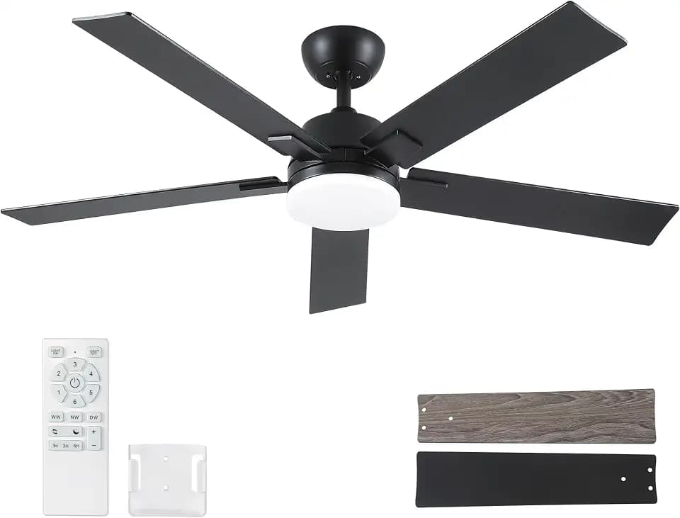 Rayqueen 52 Inch Black Ceiling Fans with Lights and Remote,Includes Downrod