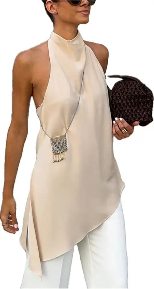 Women Sain Silk Cami Shirt Mock Neck Halter Tops Side Split Asymmetrical Backless Camisole Y2k Going Out Tops