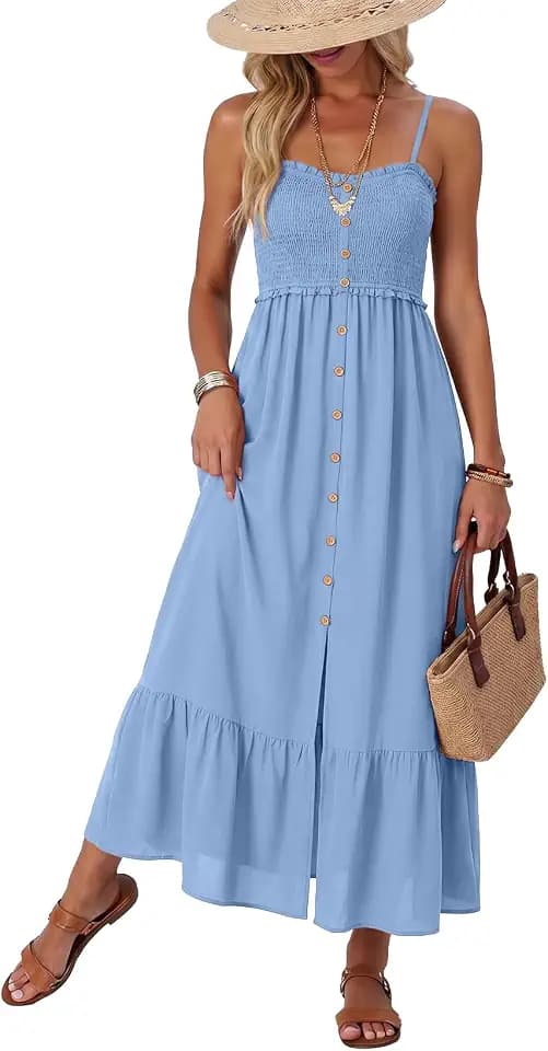 Dokotoo Womens Summer Dresses 2026 Sleeveless Spaghetti Strap Button Down Smocked Beach Vacation Long Maxi Dress with Pockets