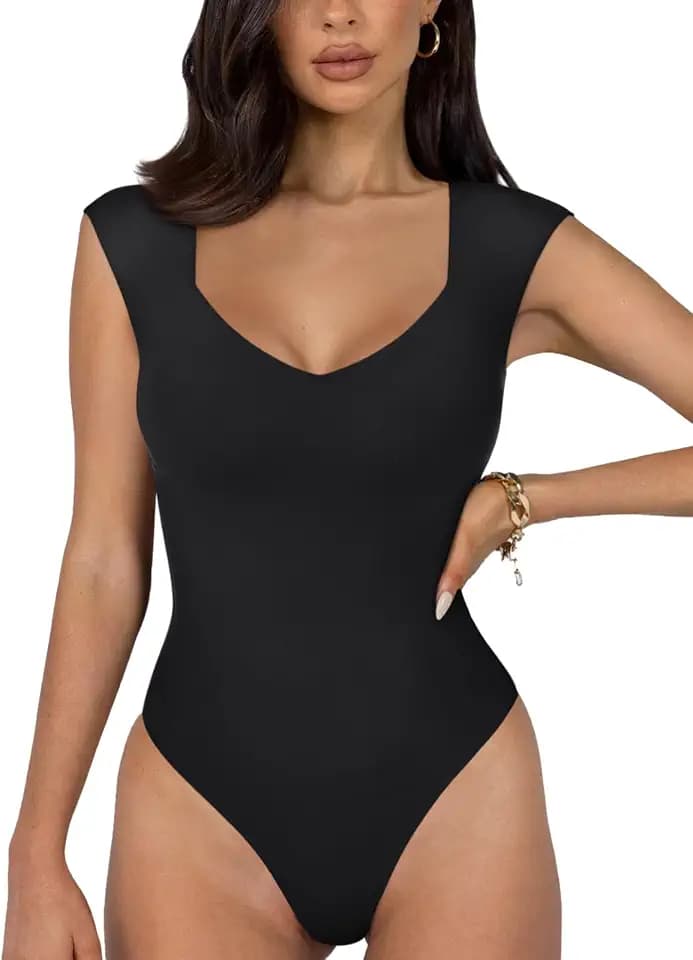REORIA Damen sexy lässiger doppelt gefütterter ärmelloser Schlankheits Body mit V-Ausschnitt Shapewear Formende Bodys