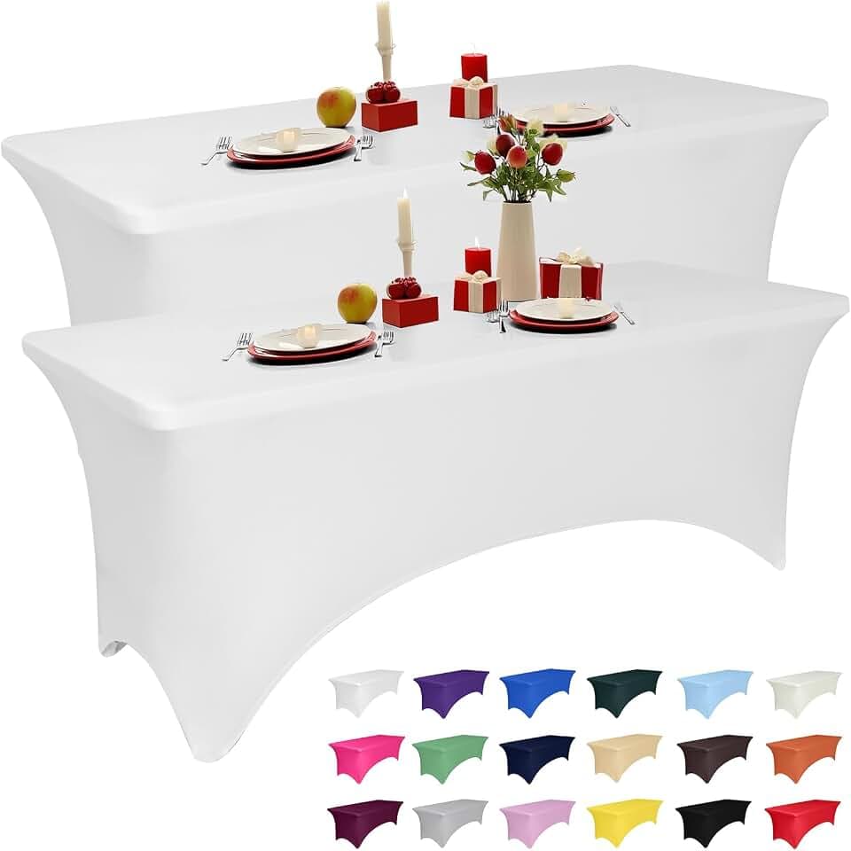 2 Pack 5 Feet White Spandex Tablecloth for Rectangular Tables, Fitted & Stretch, Washable, Wrinkle Resistant, Perfect for Event, Wedding, Party, Banquet, Cocktail, Festival, and Table Protector