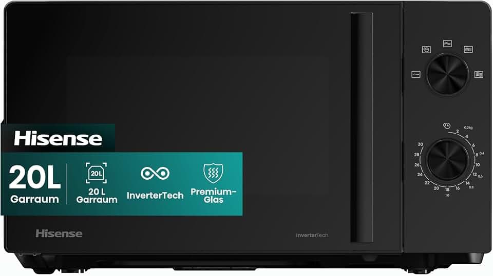 Hisense H20MOBP1HI Mikrowelle /20 L /700W /InverterTech/Keramikbeschichtung/Premium Glas/Maßgeschneidert, Mehrphasiges Kochen/Auftaufunktion/5 Leistungsstufen/Kindersicherung/Schwarz