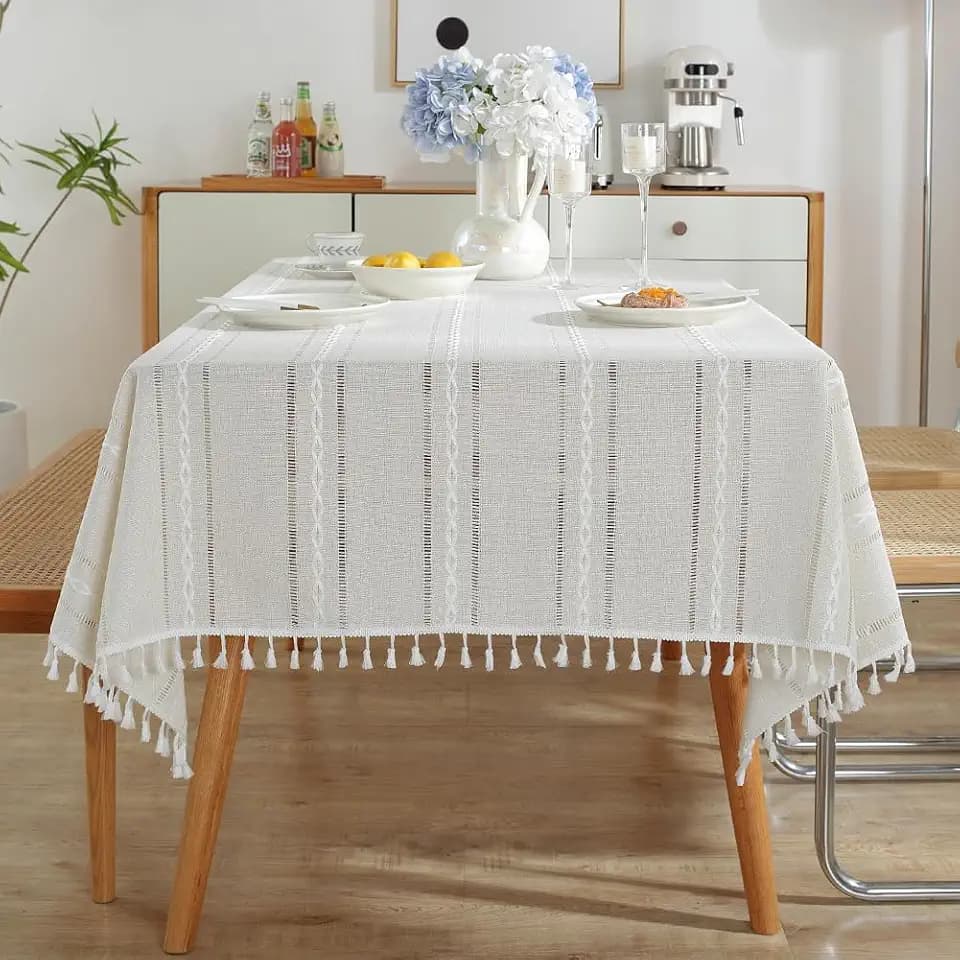 meioro Rustic Table Cloth, Rectangle Textured Cotton Linen Fabric Tablecloth with Tassel, Heavy Duty Farmhouse Table Cover Embroidery Stripe Tablecloths for Dinning Wedding Party, White, 35" X 55"