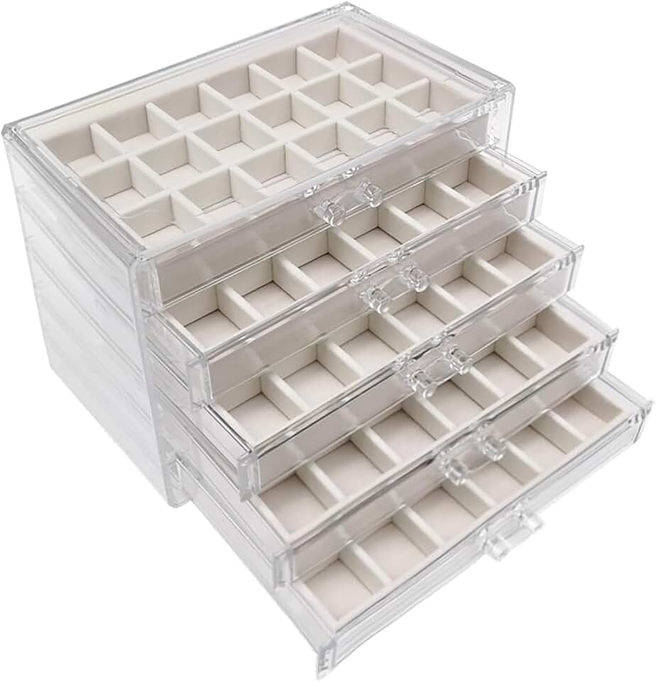 Sightday 5 Schubladen Ohrring Aufbewahrungs Schmuckkästchen,Acryl+Samt Schmuckaufbewahrung Schublade,Aufnehmbare Tabletts Jewelry Organizer für Schmuck Aufbewahrung,Halsketten,Ringe,Ohrringe(Beige)