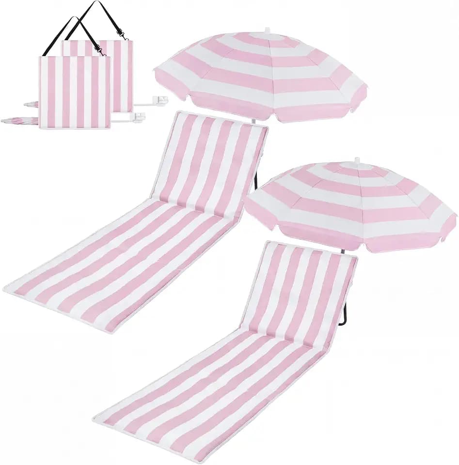 Briwooody 2 Set Beach Chairs with Umbrella Pink Stripe Folding Chair