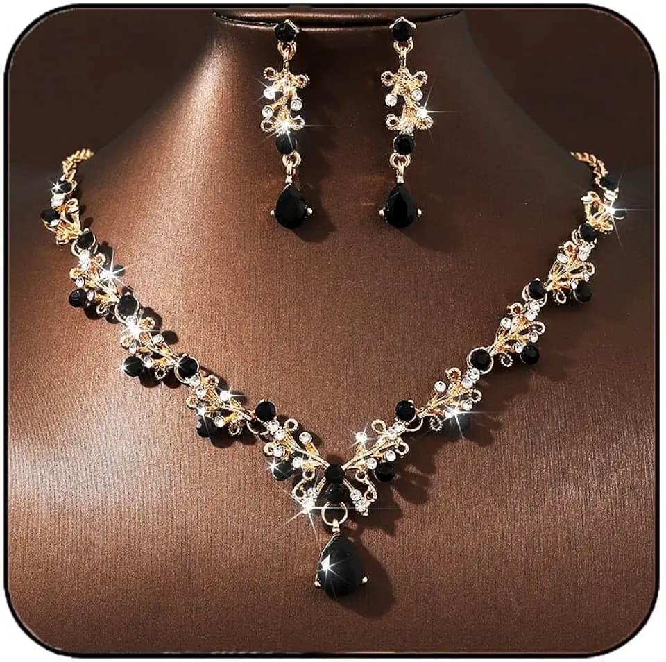 JAKAWIN Black Jewelry Set Rhinestone Bridal Wedding Necklace Earrings