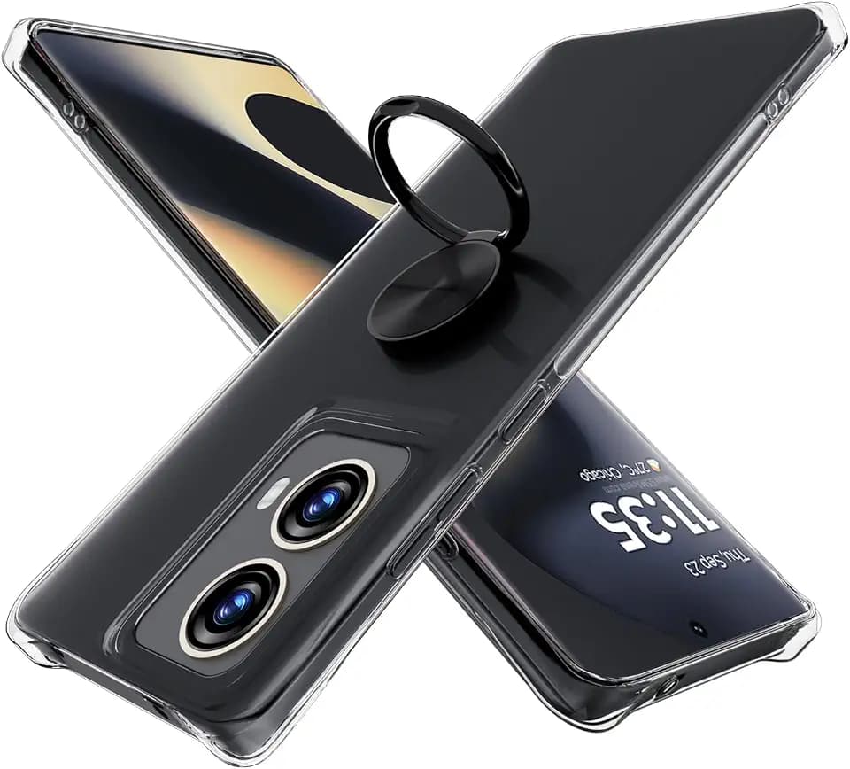 Hülle Ringhalter Kompatibel mit Motorola Moto G85 5G, Crystal Clear Handyhülle Silikon Vier Ecken Anti-Fall TPU Case 360 Grad Ständer Schutzhülle - Schwarzer Ring