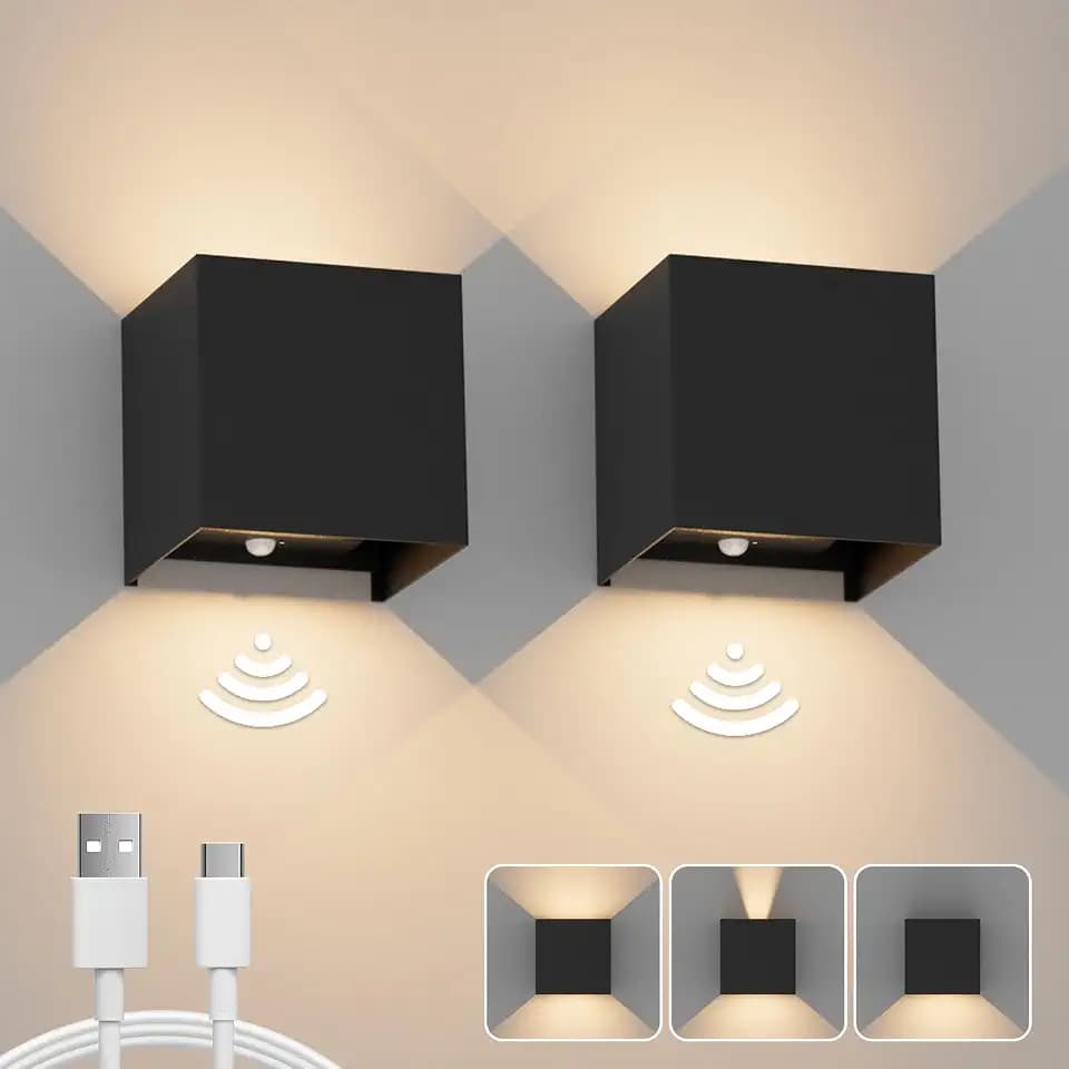 Klighten 2 Stück LED Wandleuchte mit Bewegungssensor, 5500mAh Wandlampe mit Akkus, 3000K, verstellbarer Abstrahlwinkel, für innen, Wohnräume und mehr. Schwarz