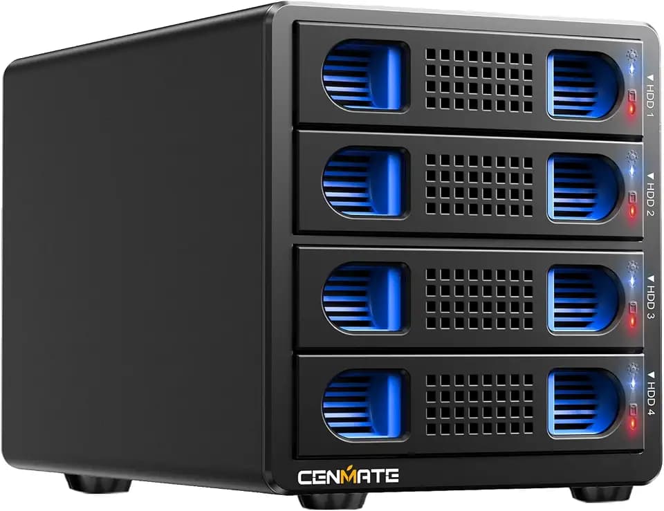 4 Bay RAID Festplattengehäuse mit Lüfter for 2.5/3.5" SATA HDD/SSD with USB A/C 3.0+eSATA Kabel, Werkzeugloses Aluminium HDD Gehäuse, DAS