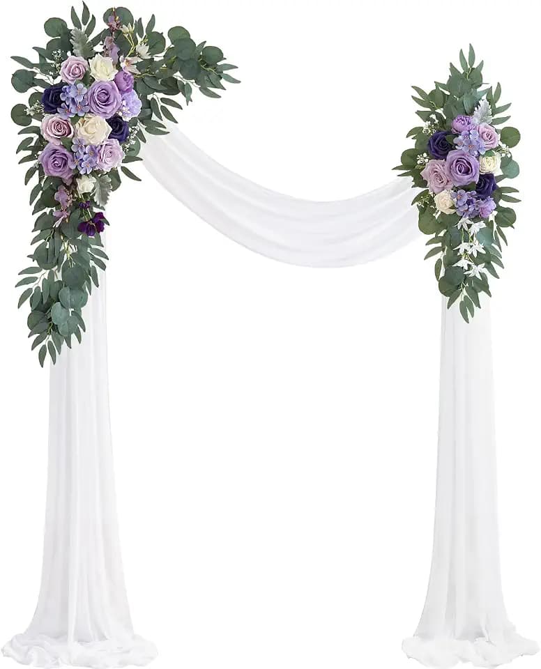 Olalaka Lilac Artificial Wedding Arch Flowers Kit (Pack of 3) with 26Ft White Shiny Arch Draping Fabric for DIY Wedding Party Ceremony Reception Backdrop Floral Decoration