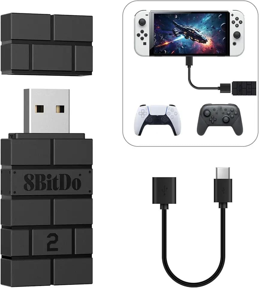 8BitDo USB Wireless Adapter 2, Bluetooth Adapter für Switch/2, Windows 10, PS Classic, Android, Raspberry Pi, Retrofreak System, Kompatibel mit Xbox Series, JoyCon, Switch Pro, PS5/4/3 Controller