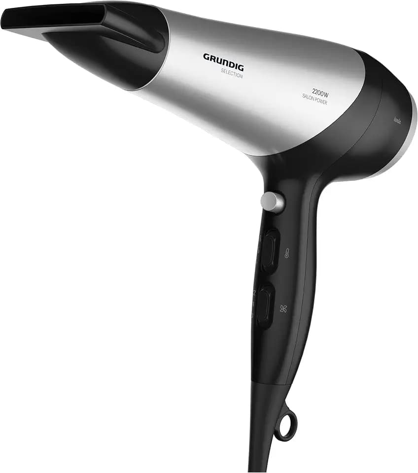 GRUNDIG HD 6080 L Haartrockner 2200 W, Föhn, Ionen Funktion, 3 Temperatur- und 2 Luftstromstufen, Kaltstufe, Keramikbeschichtung, 1,8 m Kabel, Schwarz/Silber