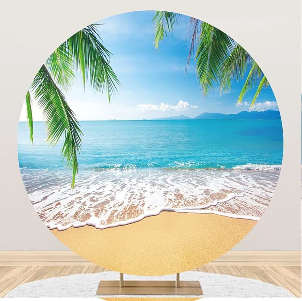 Summer Round Backdrop Cover 7.2ft (220cm) Ocean Beach Backdrop for Outdoor Hawaii Luau Party Background Decor (No Stand) Tropical Circle Cover Photo Studio Props Blue Polyester
