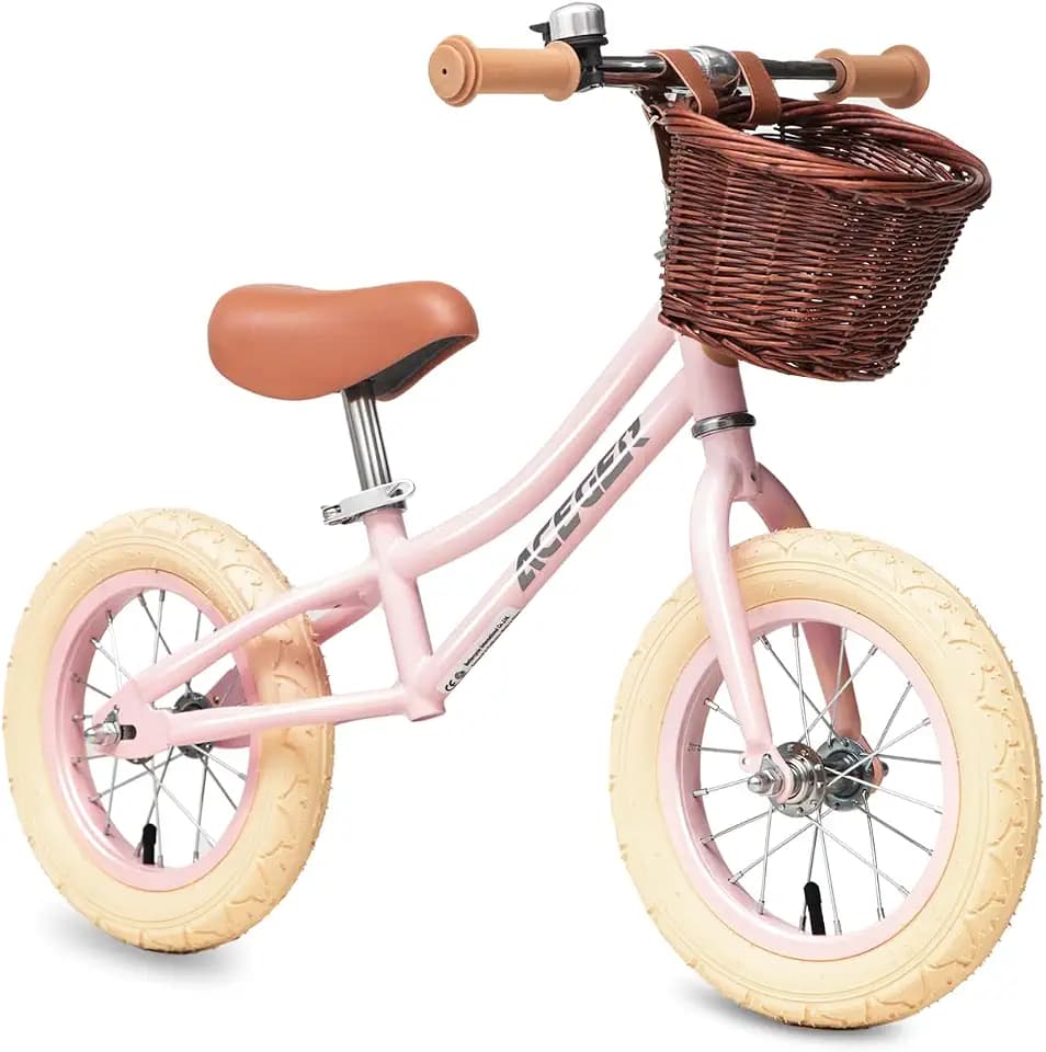 ACEGER 12" Kids Balance Bike with Basket, Toddler Bicycle for Early Learning Leg Strength and Steady Balancing, Durable Frame&Tool-Free Adjustable Seat, Gift Bike for 2-5 Kids, No Brake