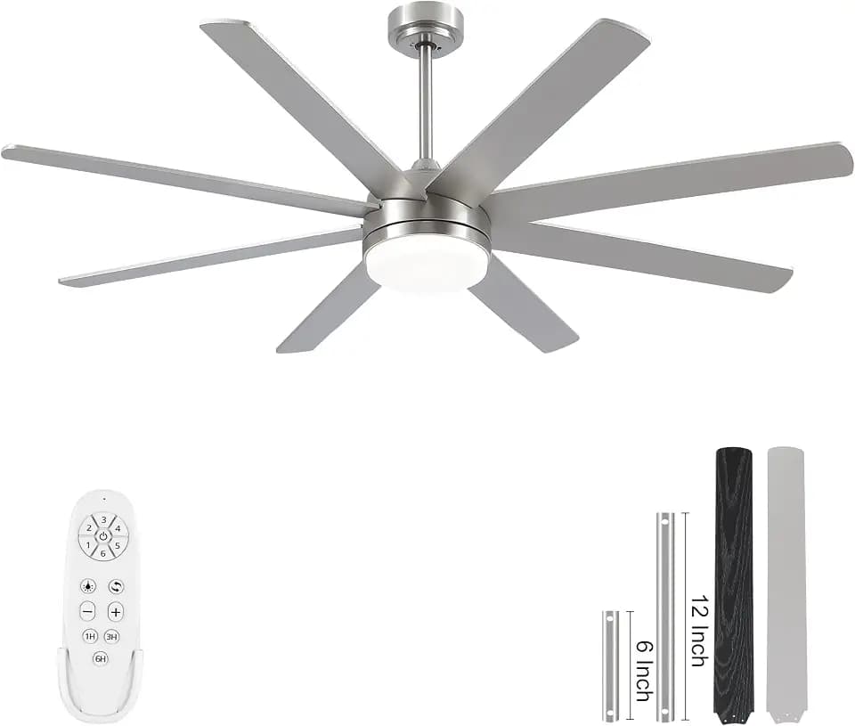 YUHAO 62 Inch Brushed Nickel Ceiling Fan with Light and Remote Control.Noiseless,Dimmable,3CCT,6 Speeds Reversible, DC Ceiling Fans for Indoor or Covered Outdoor Use.ETL Listed