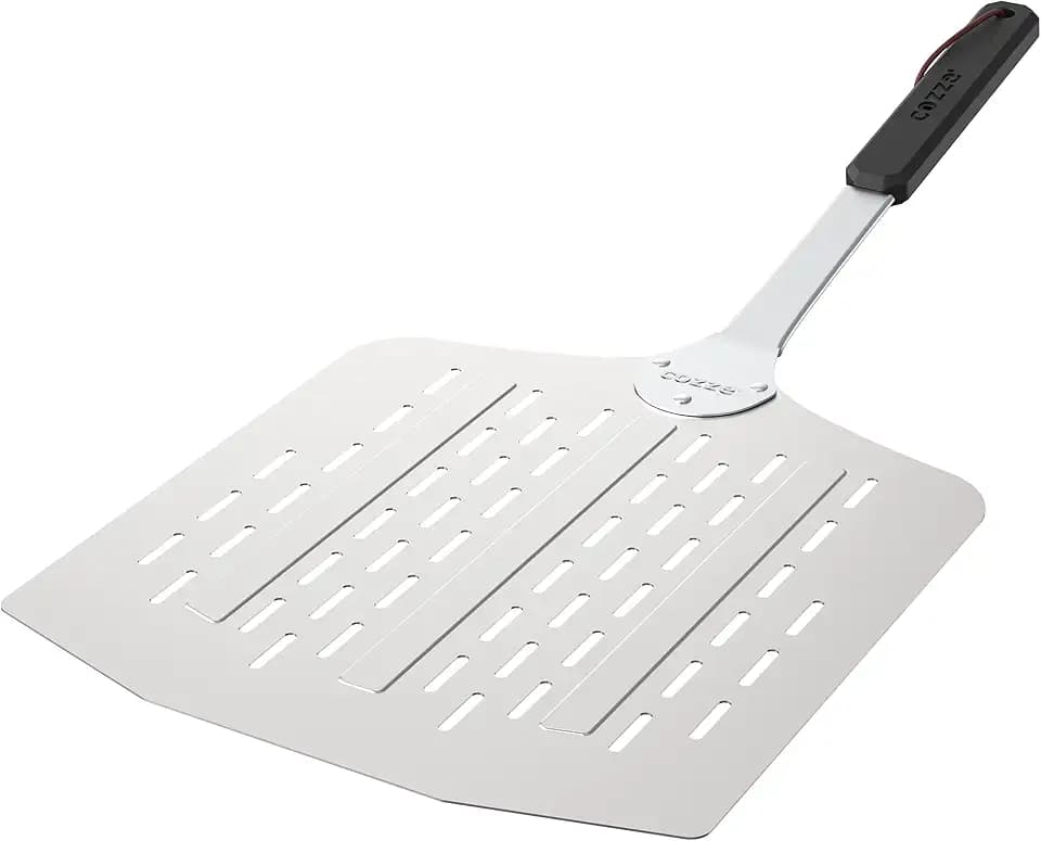 cozze® Premium Aluminium Pizzawender, 66cm, Leichtgewicht Pizzaspachtel mit Löcherdesign, 30x30cm Ideal für Perfekte Pizzas, Schwarz und Edelstahl