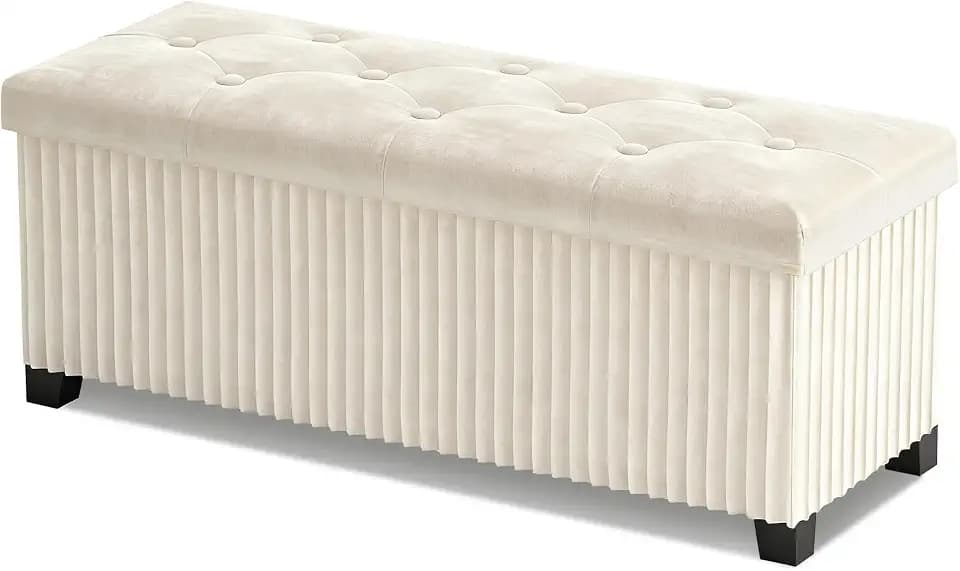 LITZFUR 43 Inches Storage Ottoman Bench, Velvet Foot Rest Stool, Beige