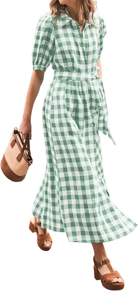 CHARTOU Women Summer Plaid Puff Short Sleeve Dress Button Down Long Shirt Dress with Belt