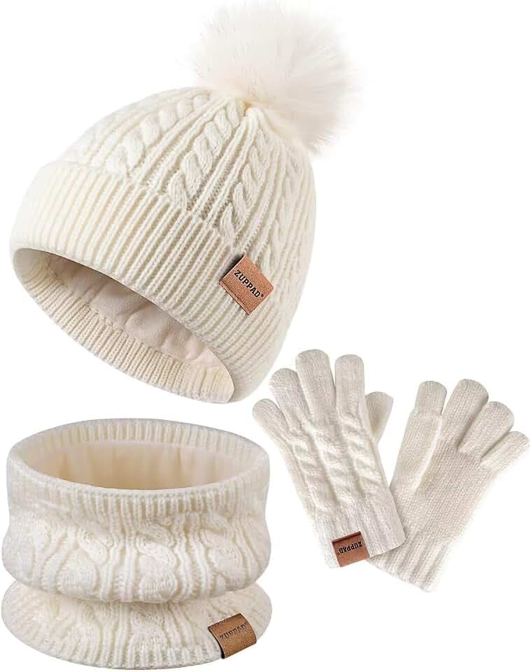 ZUPPAD Mütze und Schal Kinder Set, Kinder Beanie Mütze Winter mit Bommel Strick Halswärmer Halstuch Schlauchschal Warme Handschuhe Fleece Gefüttertes Geschenk Set für Mädchen Kinder