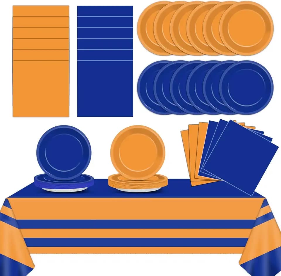 Blue and Orange Party Supplies Plates Napkins Tablecloth Set Serves 24